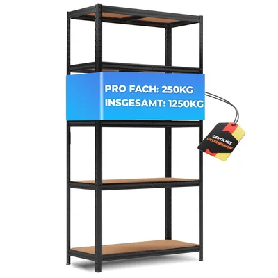 Produktbild von ALL Premium Schwerlastregal 180x90x40cm Schwarz – Bis 1250 kg belastbar, höhenverstellbar, Stecksystem, ideal für Lager, Garage & Keller