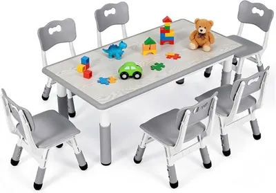 Imagen del producto de Juego de mesa infantil con 6 sillas, conjunto de mesa infantil con altura ajustable, juego de mesa y silla para niños, ideal para guarderías y habitaciones infantiles, muebles de plástico para niños, juego de asientos para niños y niñas a partir de 2 años, color gris