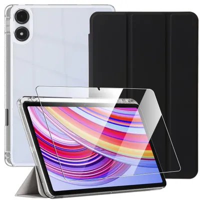 Image de Coque + Verre Trempé pour Xiaomi Redmi Pad Pro 12,1 Pouces, Protection Silicone avec Porte-Stylet - Noir