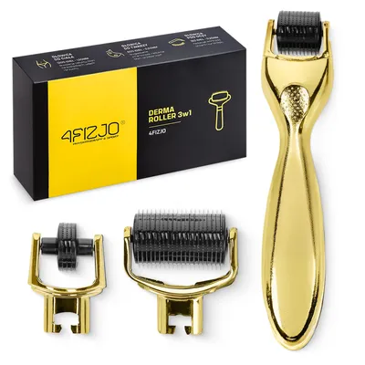 Produktbild von 4FIZJO 3‑in‑1 Derma-Roller-Microneedling-Set, schwarz‑gold, für Gesicht und Körper