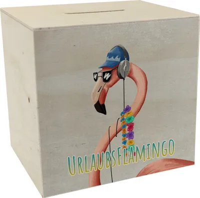 Produktbild von Spardose aus Holz mit lustigem Tier und Text für Urlauber - Urlaubsflamingo
