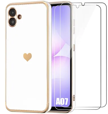 Image de Coque + 2 Verres Trempés pour Samsung Galaxy A07, Protection Silicone Motif Cœur Antichoc Anti-Rayure Souple Blanc