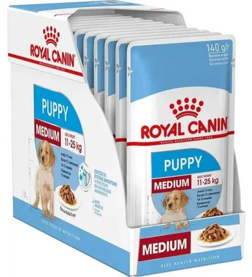 Zdjęcie produktu dla Royal Canin Medium Puppy karma mokra w sosie dla szczeniąt do 12 miesiąca, ras średnich 10 x 140 g, Szczenięta, Każda rasa, Średnie (11 - 25 kg), Mięso, 140 g