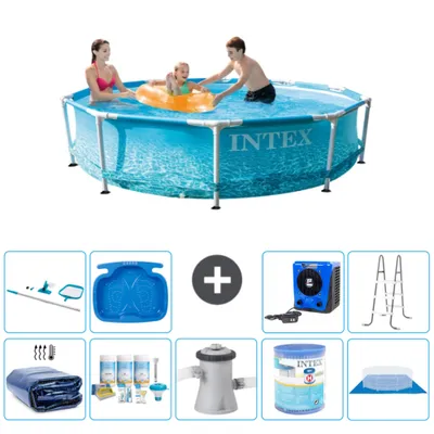 Produktbild von Intex-Schwimmbecken mit rundem Rahmen – 305 x 76 cm – Wasserdruck – im Lieferumfang enthalten Sonnensegel - Wartungspaket - Filterpumpe für Schwimmbad - Filter - Bodenplane - Reinigungskit