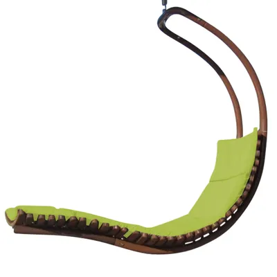A hanging lounge chair with a green cushion, isolated on a white background.