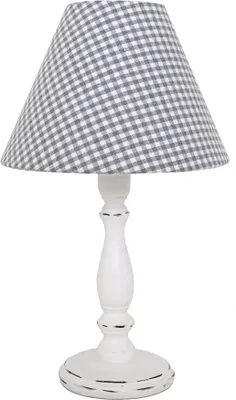 A white table lamp with a gray and white checkered lampshade.