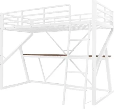 Produktbild von Hochbett 90x200 cm Eisenrahmen LED-Leiste Gelaender Treppe Schreibtisch ohne Matratze Weiss Funktionsbett Jugendbett Einzelbett Gaestebett