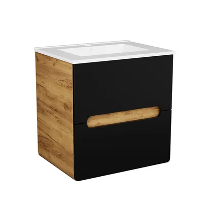 Produktbild von Waschbeckenunterschrank LUPO 60 cm mit 2 Schubladen Schwarz + Eiche Craft hängend Badmöbel Softclose MDF