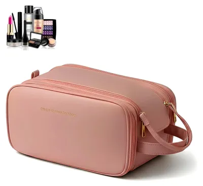 Produktbild von Große Kosmetiktasche mit Bürstenfach für Frauen, wasserdicht, tragbar mit Griff, Leder Kulturbeutel für Reisen, Geschäftsreisen und Camping, in 3 Farben (Rosa)