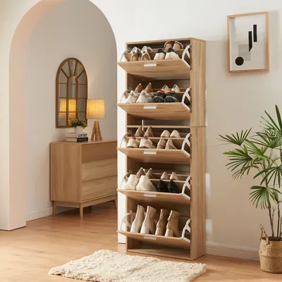 Produktbild von Schuhschrank 'Sykkylven' Schuhkipper mit 5 Klappen 169 x 60 x 24 cm Sonoma-Eiche