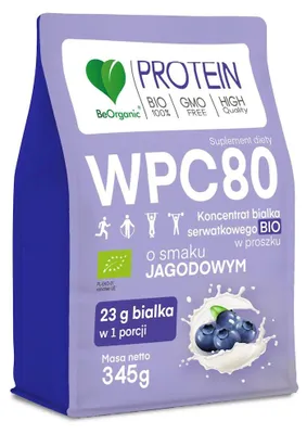 BIAŁKO SERWATKOWE O SMAKU JAGODOWYM (KONCENTRAT WPC 80) BEZ DODATKU CUKRÓW BIO 345 g - BE ORGANIC