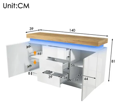 Immagine prodotto di Credenza 140 cm finitura lucida con 2 ante e 3 cassetti, illuminazione LED con controllo tramite app, armadio multiuso, bianco