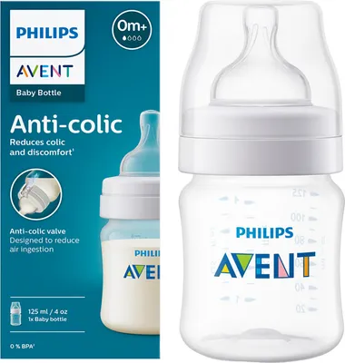 A Philips Avent anti-colic baby bottle is shown next to its packaging.