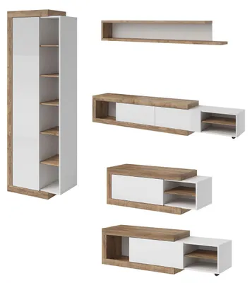 Produktbild von Wohnzimmer-Set Saragossa Anbauwand 4-teilig Grifflos weiß Hochglanz Samdal Eiche