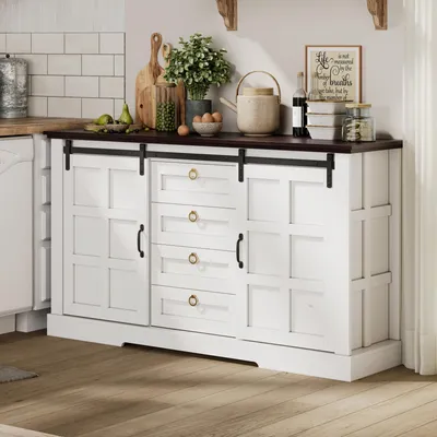Image de Buffet de style rustique vintage 150 x 40 x 85 cm avec portes coulissantes, quatre tiroirs et étagères réglables, pour la cuisine, la salle à manger ou le salon