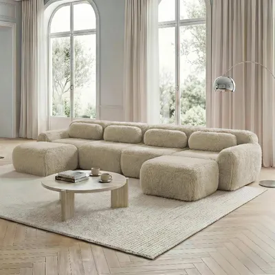 Produktbild von Plüsch-U-förmiges Modulsofa, frei kombinierbar, kein Aufbau nötig, 378 x 179 x 73 cm, Khaki