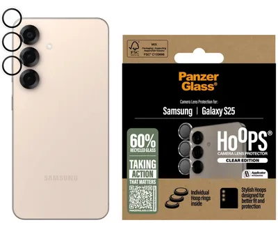 Obrázek produktu pro PanzerGlass ® Hoops® Camera Lens Protector Transparent Samsung Galaxy S25, Samsung, Samsung - Galaxy S25, Aplikace nasucho, Odolné proti poškrábání, Odolný proti nárazům, Průhledná, 1 kusů