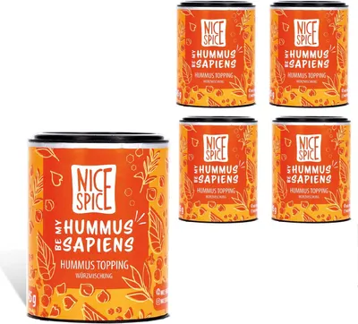 Produktbild von NICE SPICE Hummus Sapiens Gewürz, 5 Dosen (5 x 45g), Perfekt für Hummus, 11 erlesene Zutaten inklusive weißem und schwarzem Sesam sowie Chilipulver, Genuss für Hummus-Liebhaber