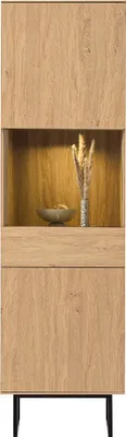 Produktbild von Wohnzimmer-Vitrinenschrank mit LED-Beleuchtung in Eiche, Metallgestell - KASOL-61
