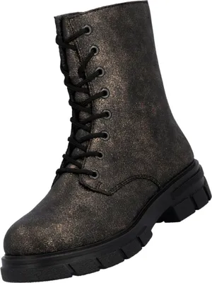 A single black lace-up boot with a metallic sheen.