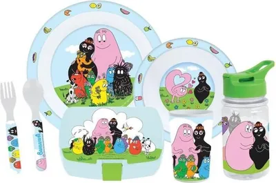 Obrázok produktu pre Sada riadu, dizajn Barbapapa, 6-dielna, tanier Ø22 a Ø16 cm, príbory, fľaša na pitie 350 ml, obedár