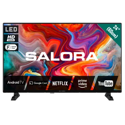 A black television set with a colorful abstract image on its screen, displayed on a white background with its stand.