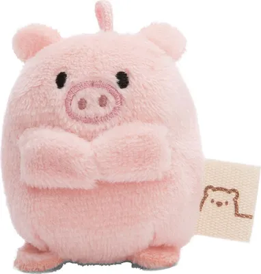 A small, plush pink pig toy with its arms crossed.