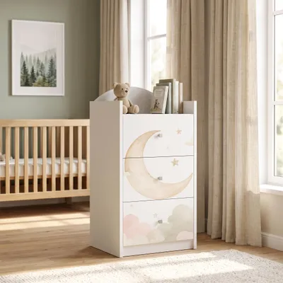 Produktbild von Kinderkommode Weiß mit 3 Schubladen, Schubladenkommode mit schönem Aufdruck, Wäschekommode Kinderzimmer Babyzimmer Unisex