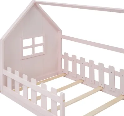 Produktbild von okwish Kinderbett Plattformbett 90×200 cm mit Lattenrost, Jugendbett Hausbett Holzbett mit Rausfallschutz für Jungen und Mädchen,Rosa(Ohne Matratze)