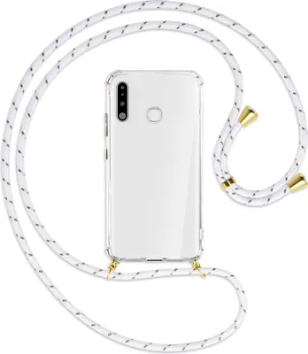 Produktbild von Handykette Backcover-Schutzhülle mit Band (Metall goldfarben) für Samsung Galaxy A70e - weiß/grau