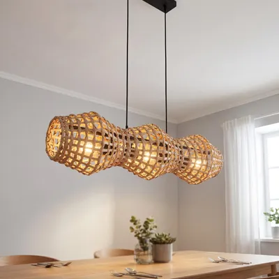 Produktbild von Hängelampe Rattan Metall Schwarz E27 3-flammig 80 cm Pendelleuchte Wohnzimmer