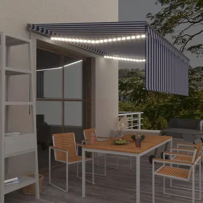 Produktbild von PUEAZU Markise Manuell Einziehbar mit Rollo LED 4,5x3m Blau & Weiß - Markisen &31002