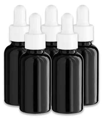 Produktbild von 5x Schwarze Glasflasche 30 ml mit weißer Pipette – Tropfflasche