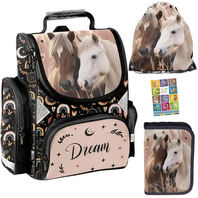 Produktbild von Goldkids  Schulranzen für Jungen und Mädchen, 4er-Set - Schul-Rucksack für Kinder mit Federmäppchen - Schuhbeutel und Hausaufgabenheft - Pferde Motiv-