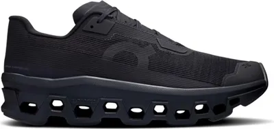 A black running shoe is shown from the side against a white background.