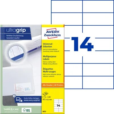 Produktbild von Avery Zweckform 3653, Universal-Etiketten, A4, Qualitätsdruck mit: ultragrip, 105 x 42,3 mm, 1.400 Etiketten / 100 Bögen, weiß
