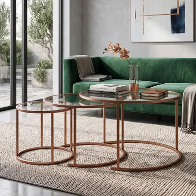 Obrázok produktu pre Skye Decor, kvalitná sada konferenčných stolíkov (3 kusy) – oranžová, 100% sklo, 100% kov