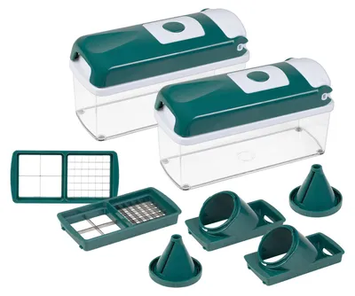 A set of kitchen choppers and accessories are arranged on a white background.