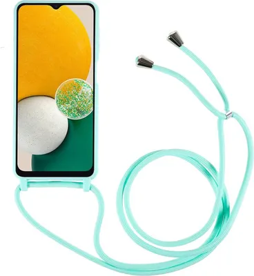 A light blue phone case with a lanyard is shown against a white background. The phone screen displays a colorful abstract image.