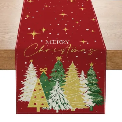 Immagine prodotto di Tovaglia decorativa natalizia, 230 x 33 cm, colore rosso, in lino, con motivi natalizi: albero di Natale, stella, fiocco
