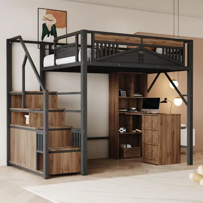 Zdjęcie produktu dla Metalowe łóżko na poddaszu Sweiko 140 x 200 cm, unikalna obudowa zabezpieczająca z okienkiem, drabinka zabezpieczająca ze schowkiem, czarne,