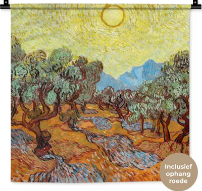 Produktbild von MuchoWow® Wandteppich Wandbehang Olivenbäume mit gelbem Himmel und Sonne - Vincent van Gogh 60x60 cm Tapisserie Dekoration Wandtuch - Dekorationen - Wand Decke