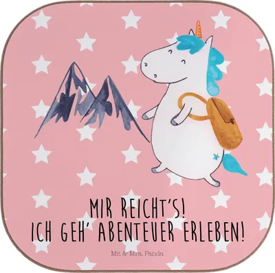 Produktbild von Mr. & Mrs. Panda Untersetzer für Gläser Einhorn Bergsteiger - Rot Pastell - Geschenk, Unicorn, Glas, gläseruntersetzer, Urlaub, Tasse, Reisen, Einhörner, Coaster