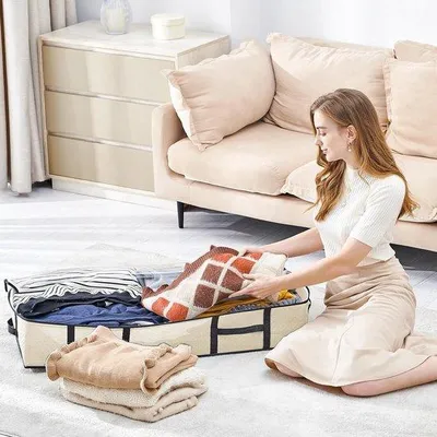 Image de Lot de 3 commodes de 90 litres à placer sous le lit, bacs de rangement avec couvercle, armoire pliable, sacs de rangement pour linge de lit et vêtements, à placer sous le lit, armoire, beige