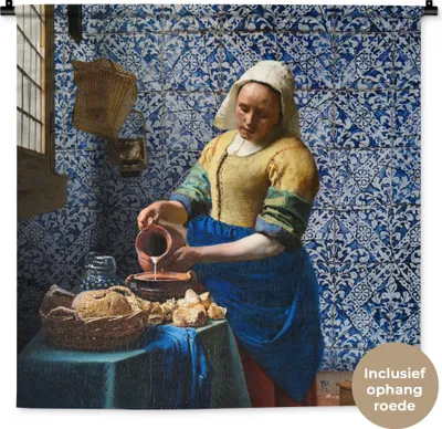 Produktbild von MuchoWow® Wandteppich Wandbehang Milchmädchen - Delfter Blau - Vermeer - Gemälde - Alte Meister 90x90 cm Tapisserie Dekoration Wandtuch - Wandaufhänger