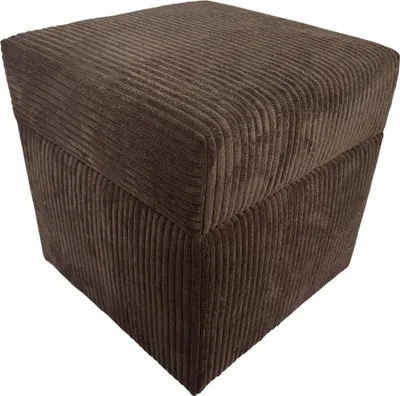 A brown corduroy ottoman is shown against a white background.