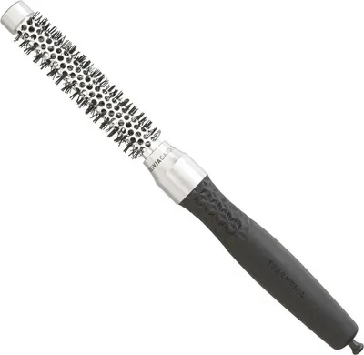 A round hairbrush with a silver barrel and black handle, shown against a white background.