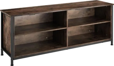 A brown and black sideboard with multiple shelves.