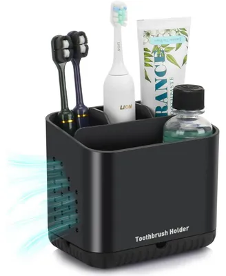 Productafbeelding van Tandenborstelhouder, zwart, antislip, met 4 sleuven voor elektrische tandenborstels en tandpasta, afmetingen 13x9,5x11,5 cm