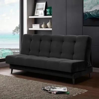 Produktbild von Schlafsofa Nancy Sofa mit Schlaffunktion Bettkasten Polstersofa aus Velour 195 cm Dreisitzer mit Holzbeine, Stoff: kronos 07 - schwarz